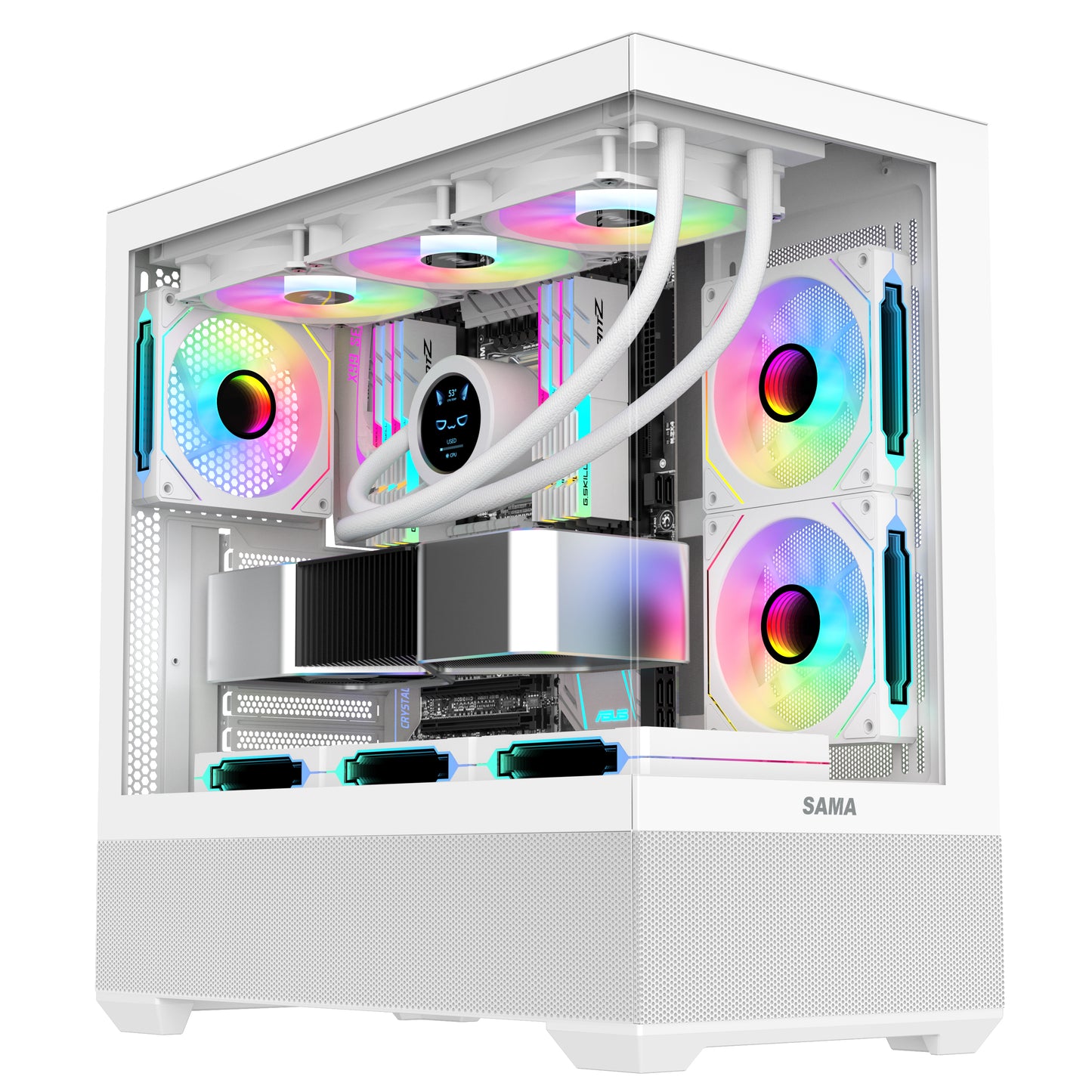 SAMA SV02 ATX Computer Gaming PC Case Mid Tower White with 3 ARGB Fans Pre-Installed, Tempered Glass Transparent Side Panel, Top I/O Ports Design