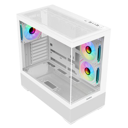 SAMA SV02 ATX Computer Gaming PC Case Mid Tower White with 3 ARGB Fans Pre-Installed, Tempered Glass Transparent Side Panel, Top I/O Ports Design